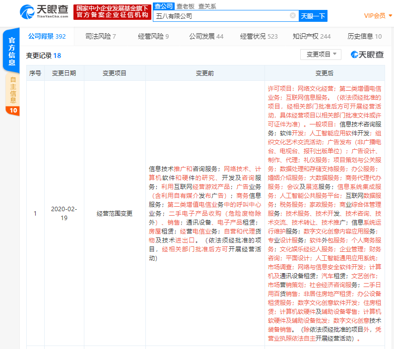 58同城全资子公司经营范围变更,新增人工智能应用软件开发等